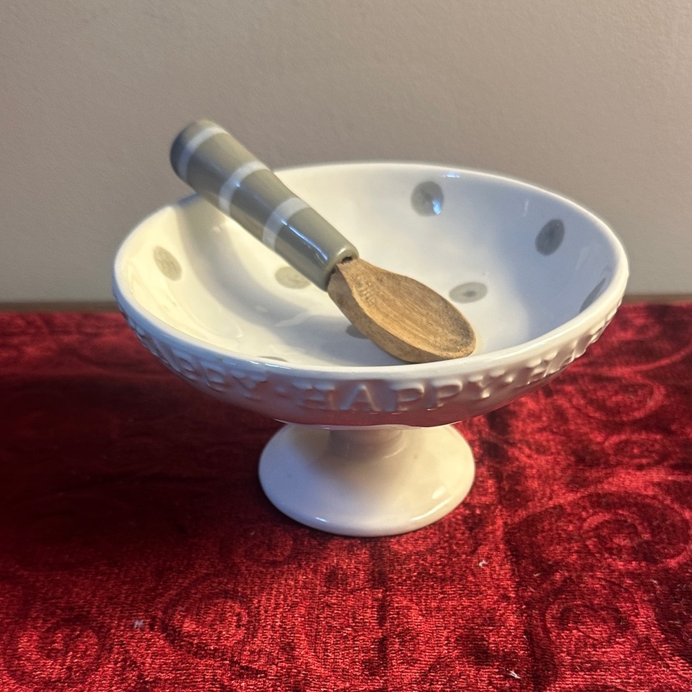 Mud Pie White and Gray Happy Bowl with Spoon